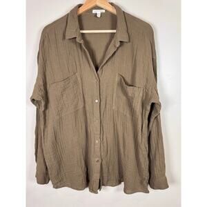 Eileen Fisher button down shirt L brown slub knit 100% organic cotton Lagenlook